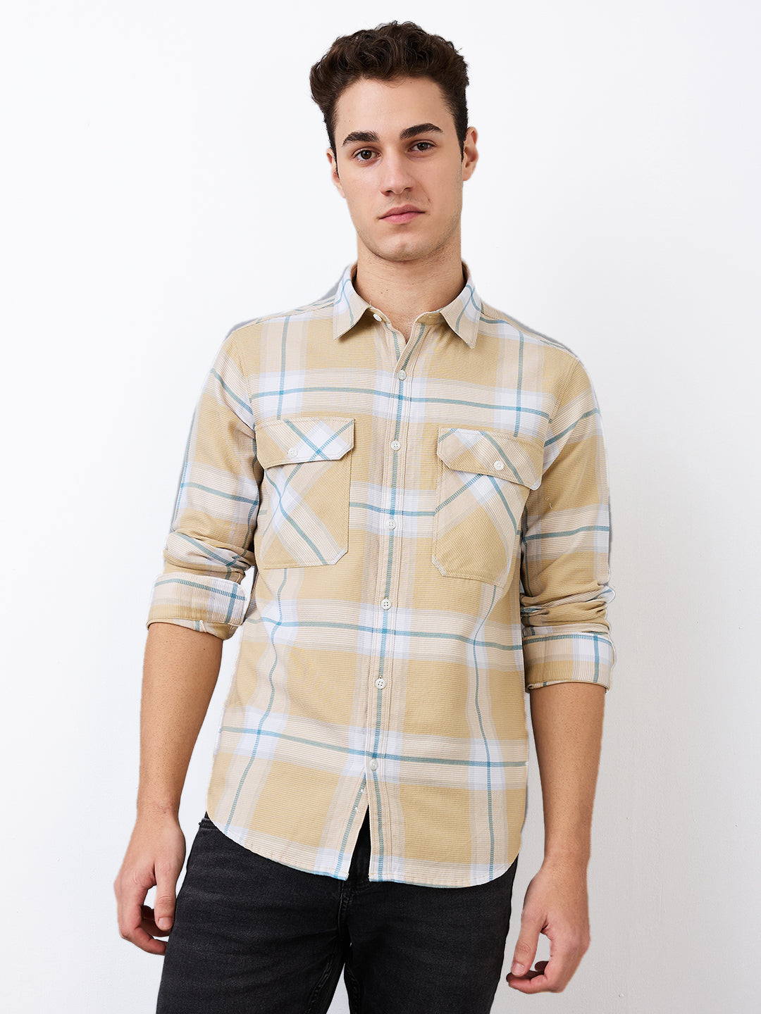 Spykar Beige Slim Fit Checkered Full Sleeve Shirt For Men