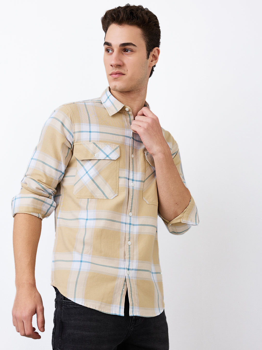 Spykar Beige Slim Fit Checkered Full Sleeve Shirt For Men