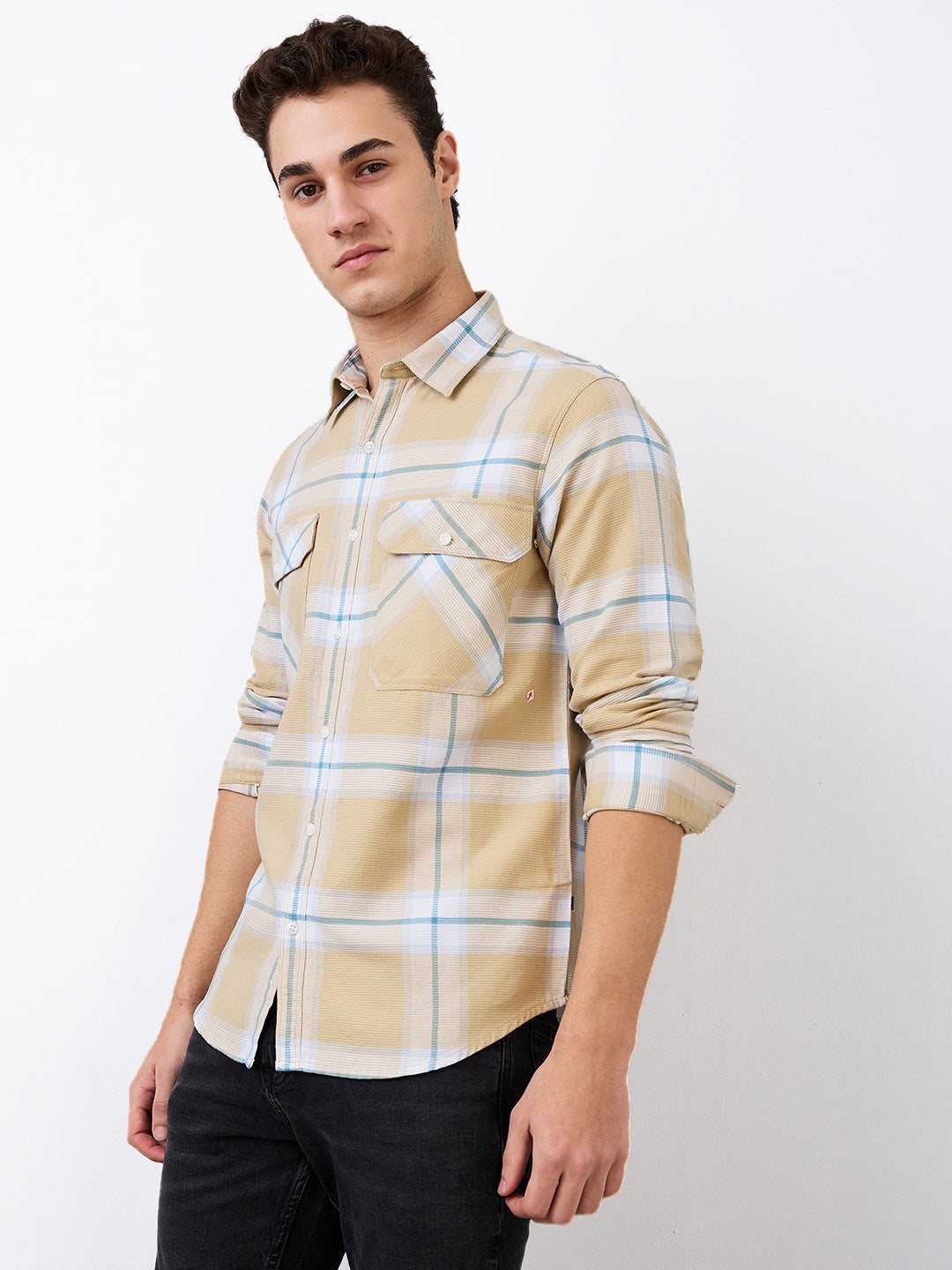 Spykar Beige Slim Fit Checkered Full Sleeve Shirt For Men