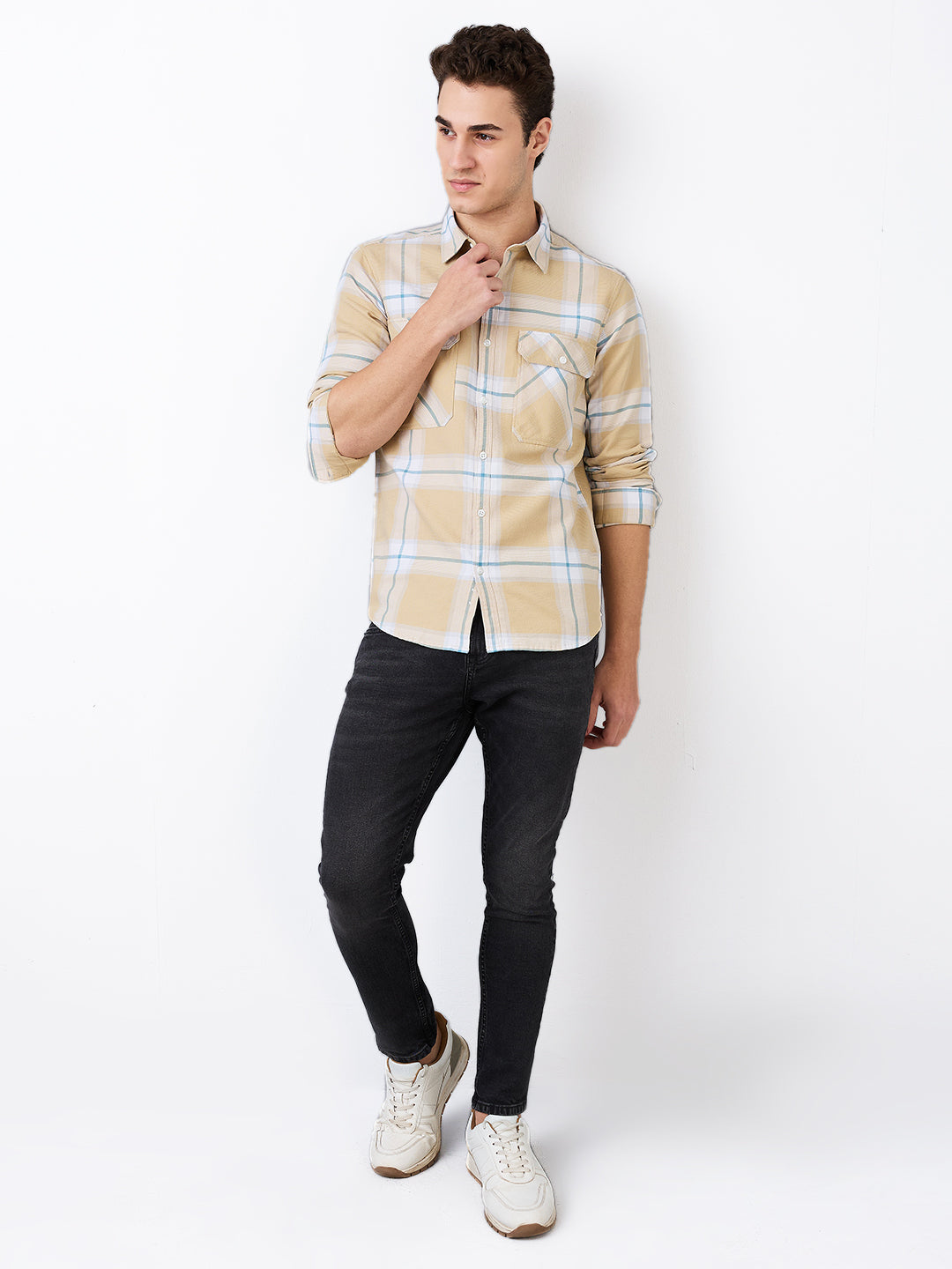 Spykar Beige Slim Fit Checkered Full Sleeve Shirt For Men