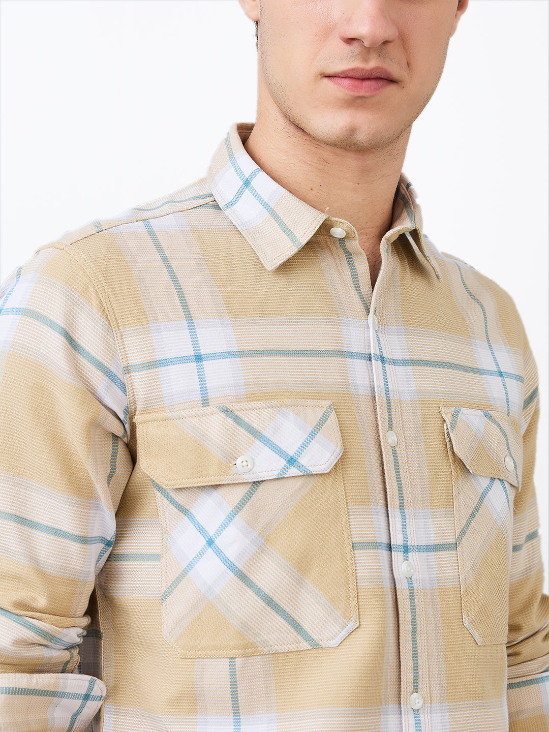 Spykar Beige Slim Fit Checkered Full Sleeve Shirt For Men