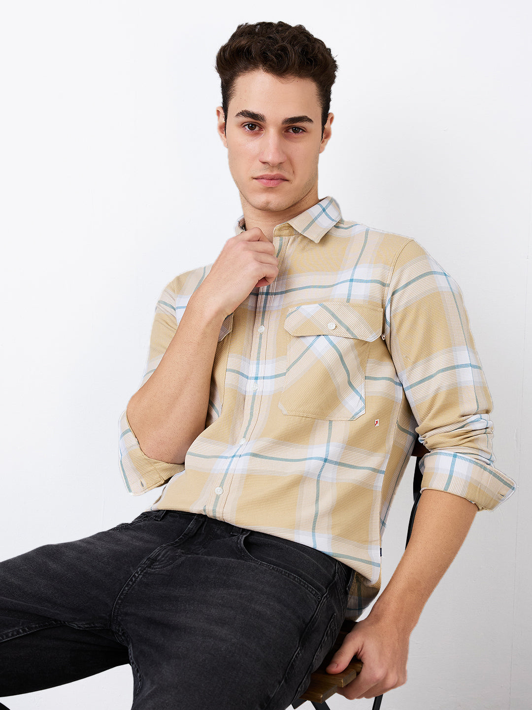 Spykar Beige Slim Fit Checkered Full Sleeve Shirt For Men