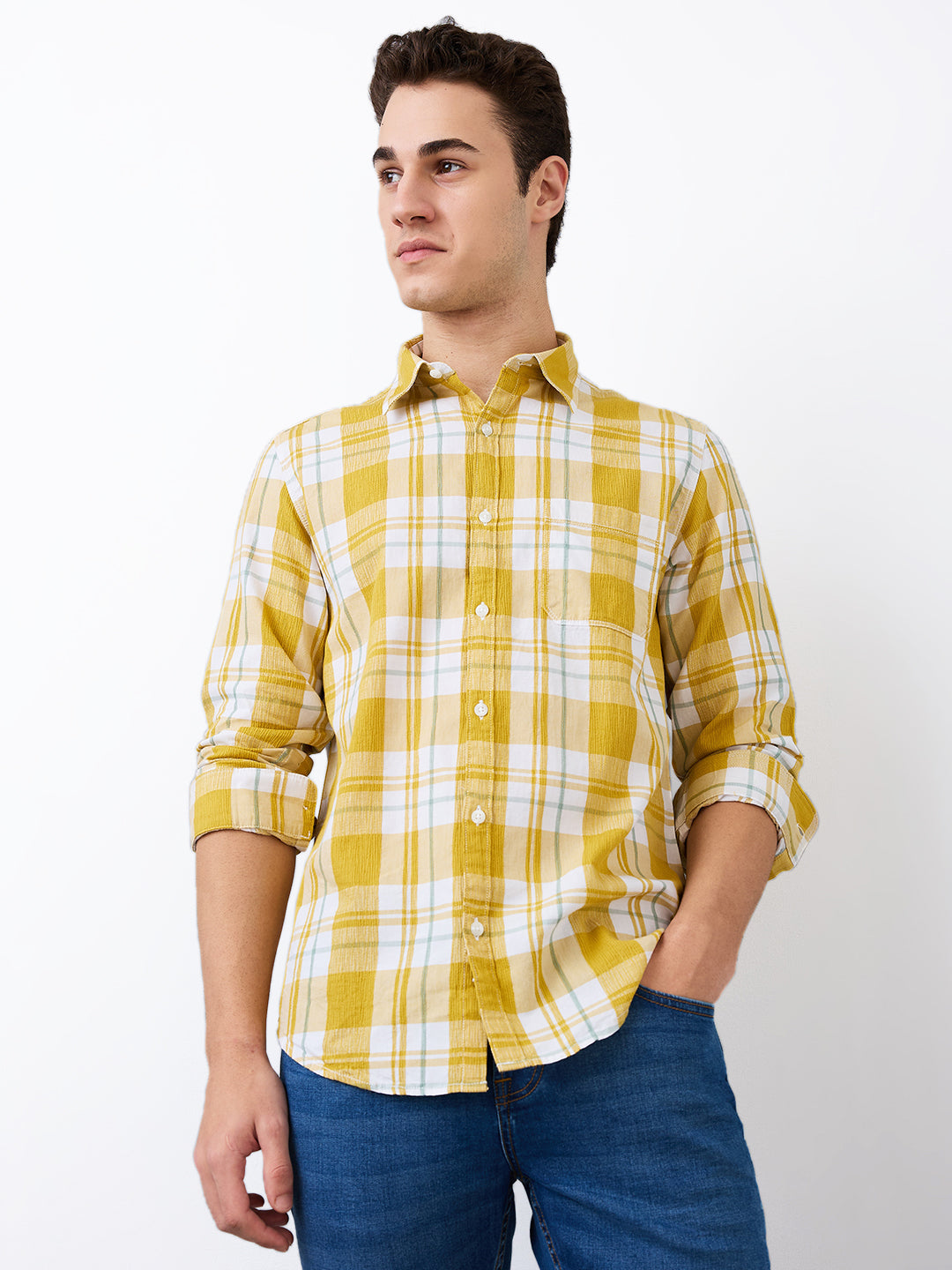 Spykar Yellow Slim Fit Checkered Full Sleeve Shirt For Men