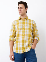 Men Shirt Check Yellow Slim Fit