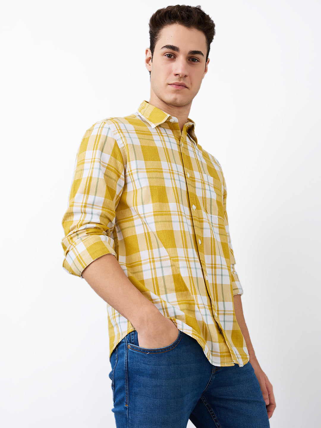 Spykar Yellow Slim Fit Checkered Full Sleeve Shirt For Men