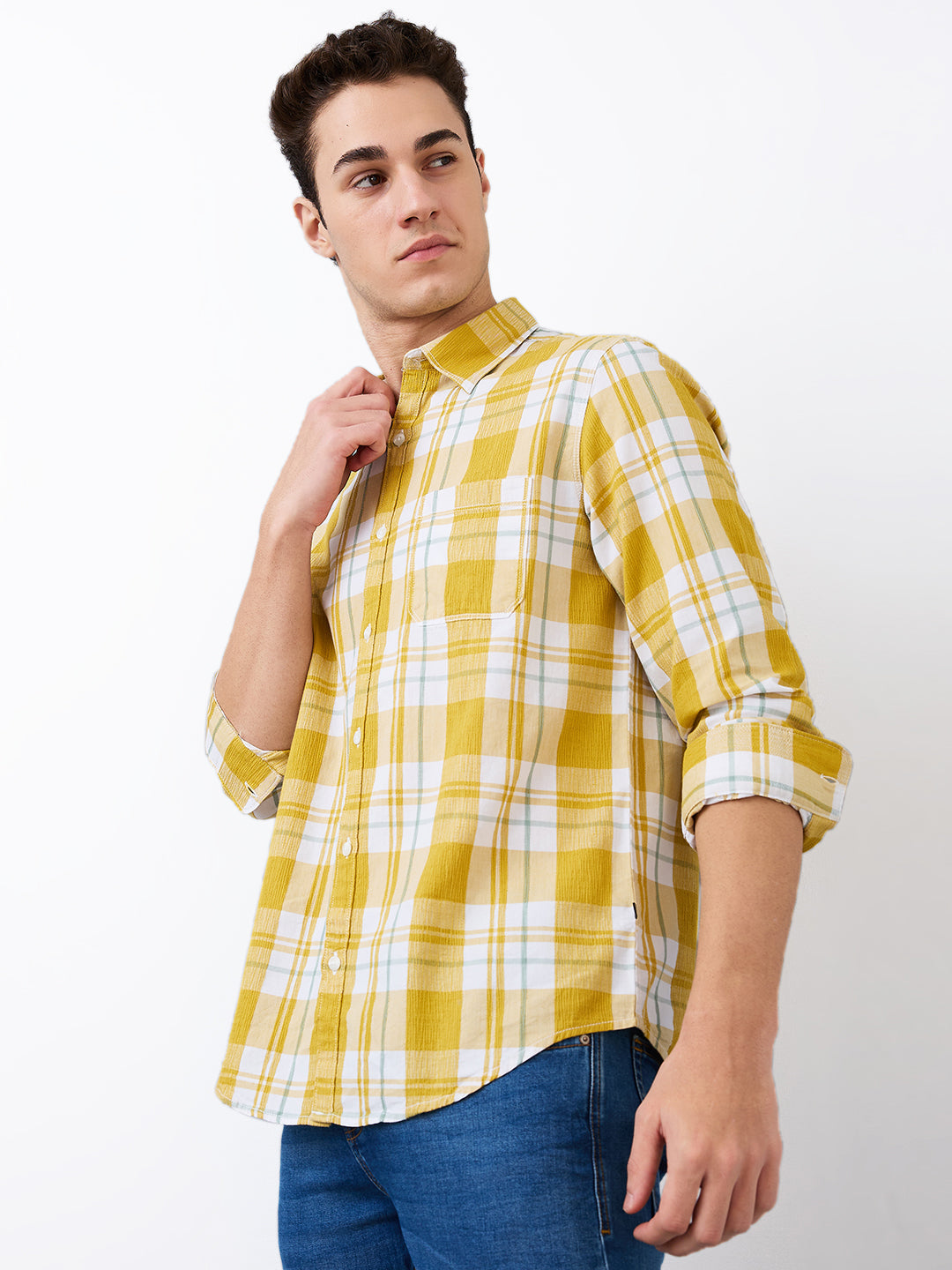 Spykar Yellow Slim Fit Checkered Full Sleeve Shirt For Men