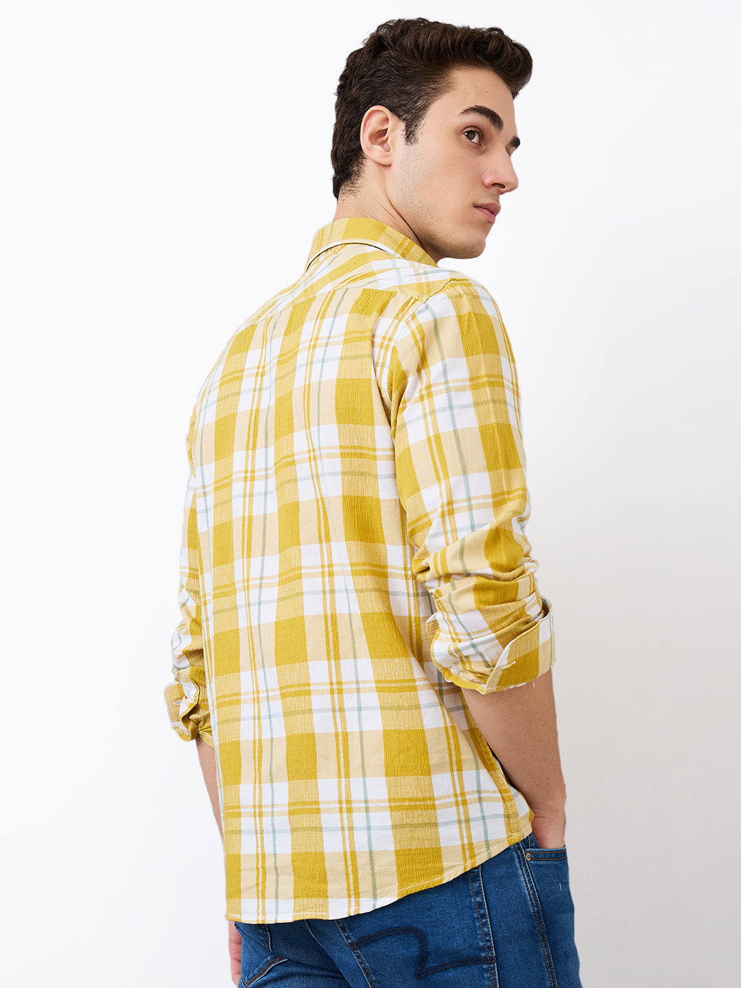 Spykar Yellow Slim Fit Checkered Full Sleeve Shirt For Men