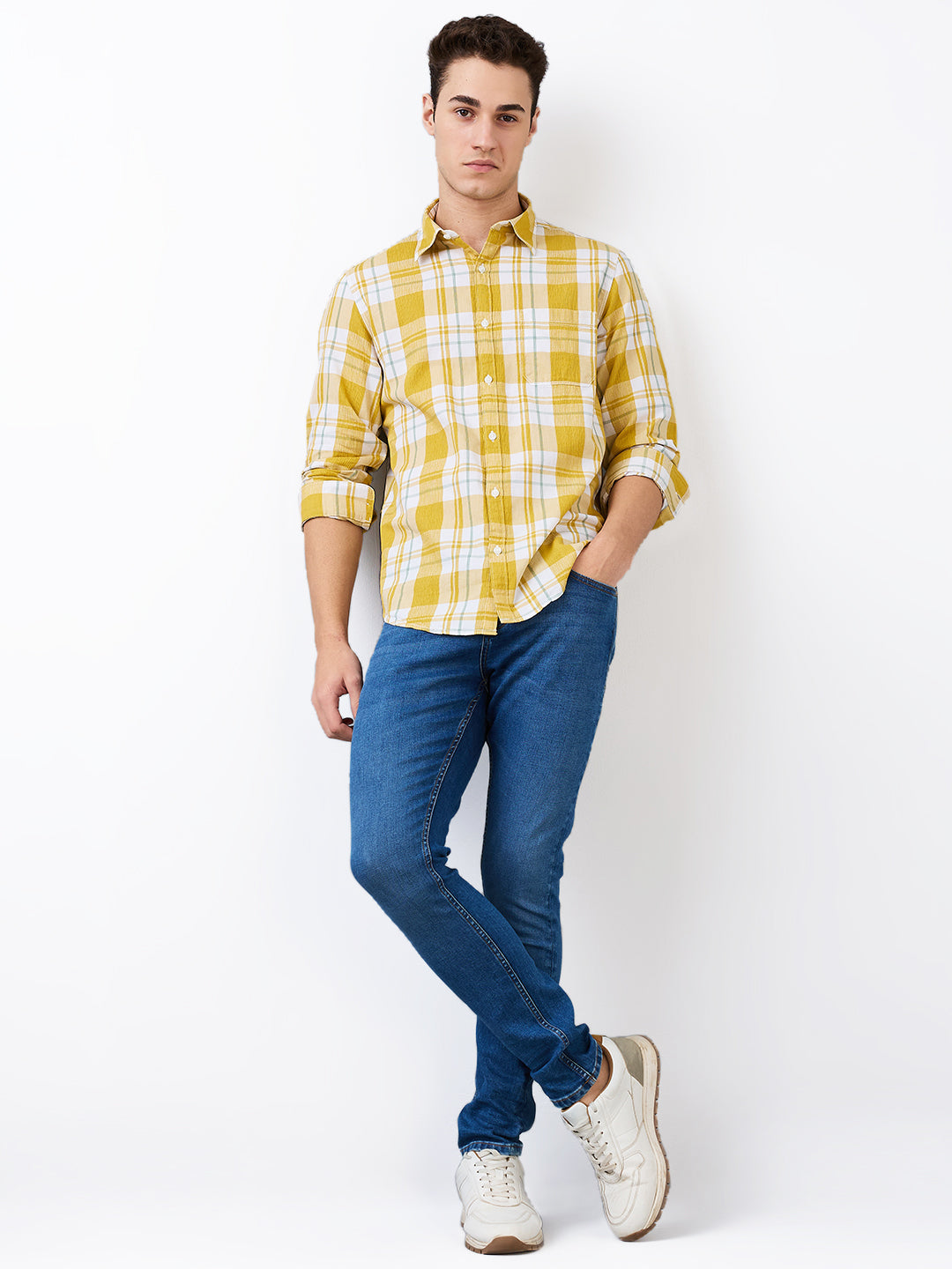 Spykar Yellow Slim Fit Checkered Full Sleeve Shirt For Men