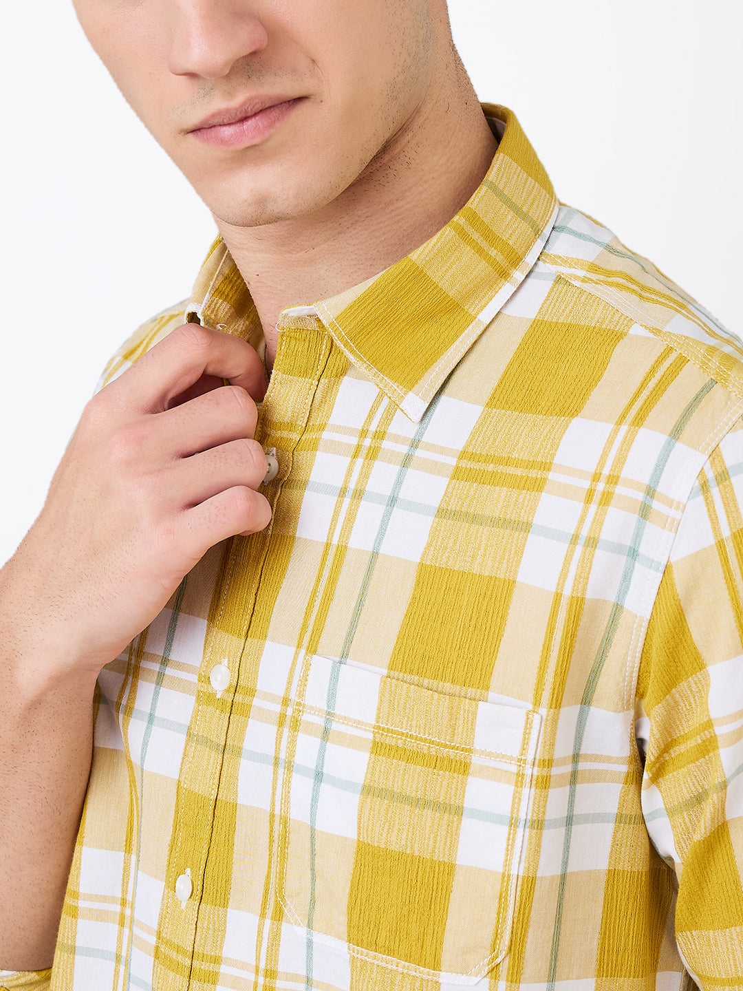 Men Shirt Check Yellow Slim Fit
