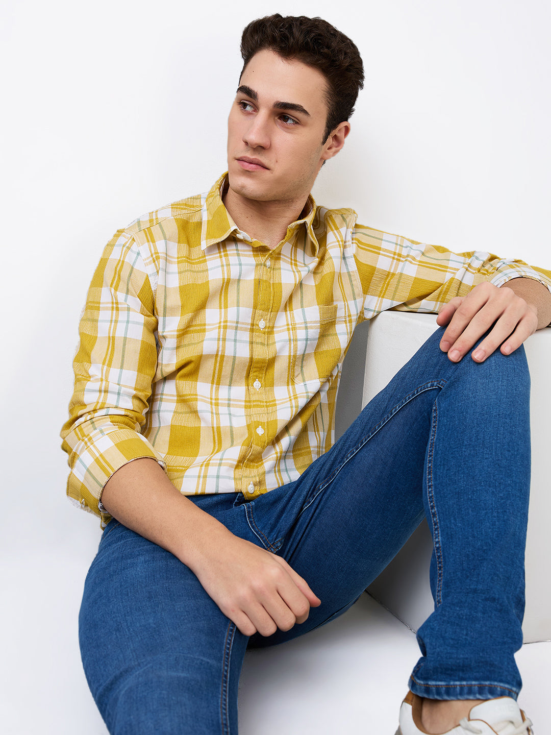 Spykar Yellow Slim Fit Checkered Full Sleeve Shirt For Men