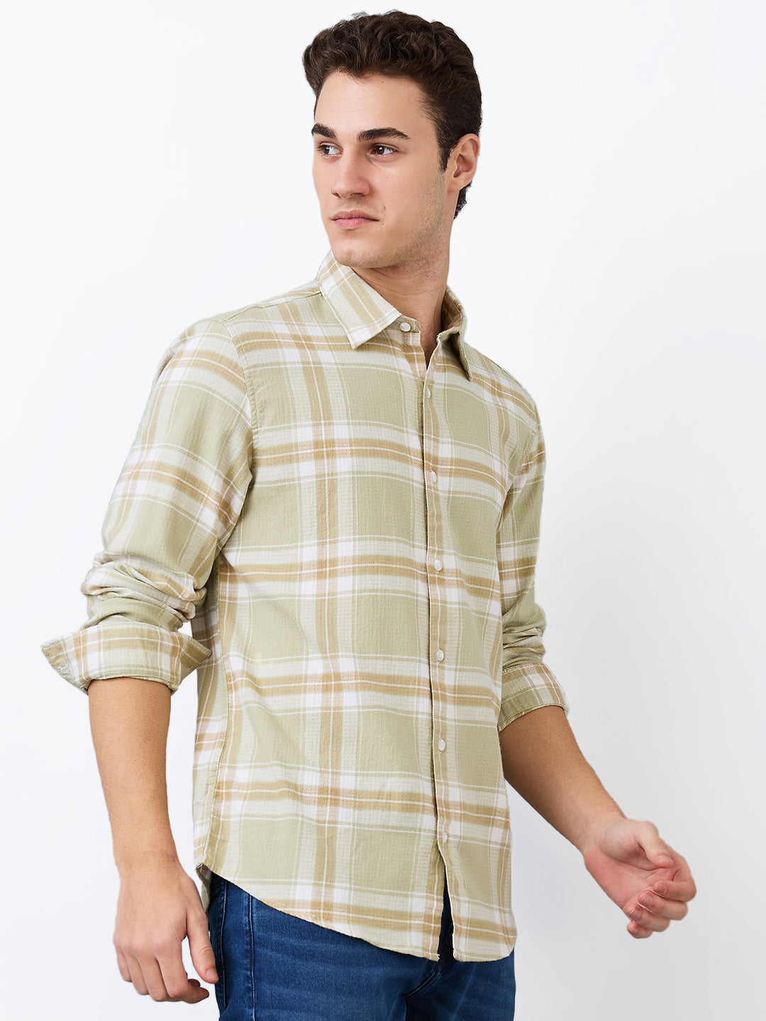 Spykar Green Slim Fit Checkered Full Sleeve Shirt For Men