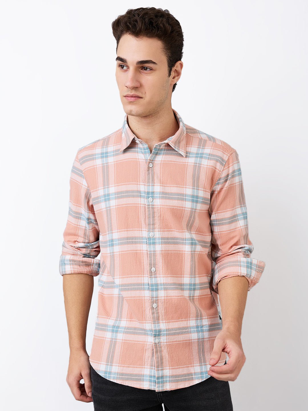 Spykar Pink Slim Fit Checkered Full Sleeve Shirt For Men