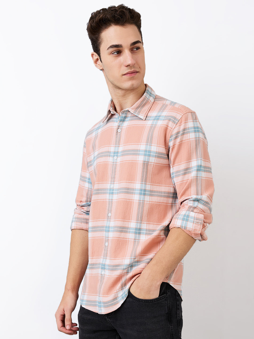 Spykar Pink Slim Fit Checkered Full Sleeve Shirt For Men