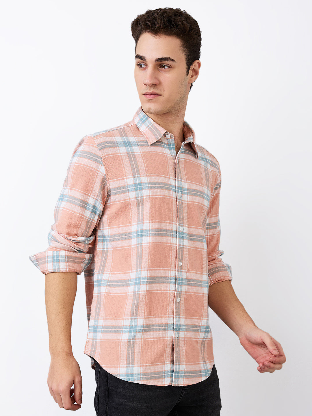 Spykar Pink Slim Fit Checkered Full Sleeve Shirt For Men