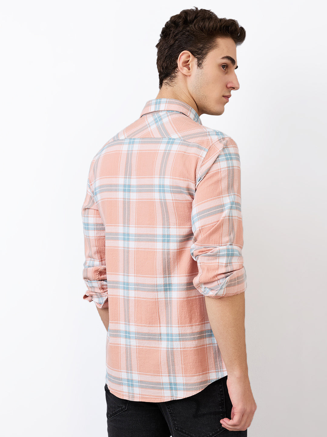 Spykar Pink Slim Fit Checkered Full Sleeve Shirt For Men