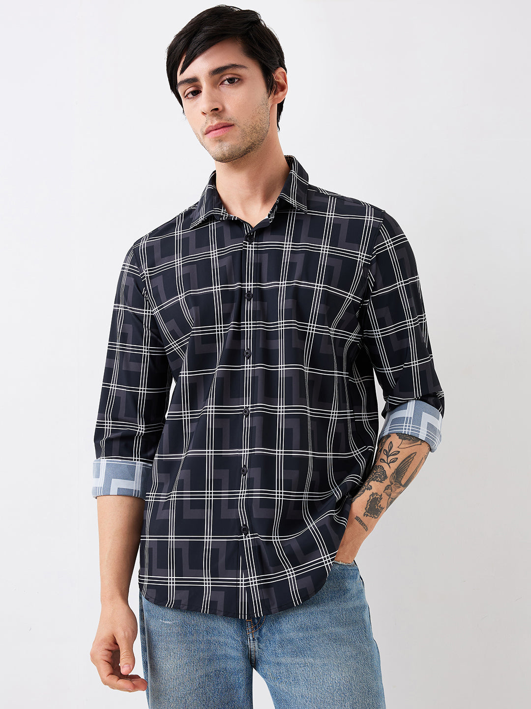 Men Shirt Check Black Slim Fit