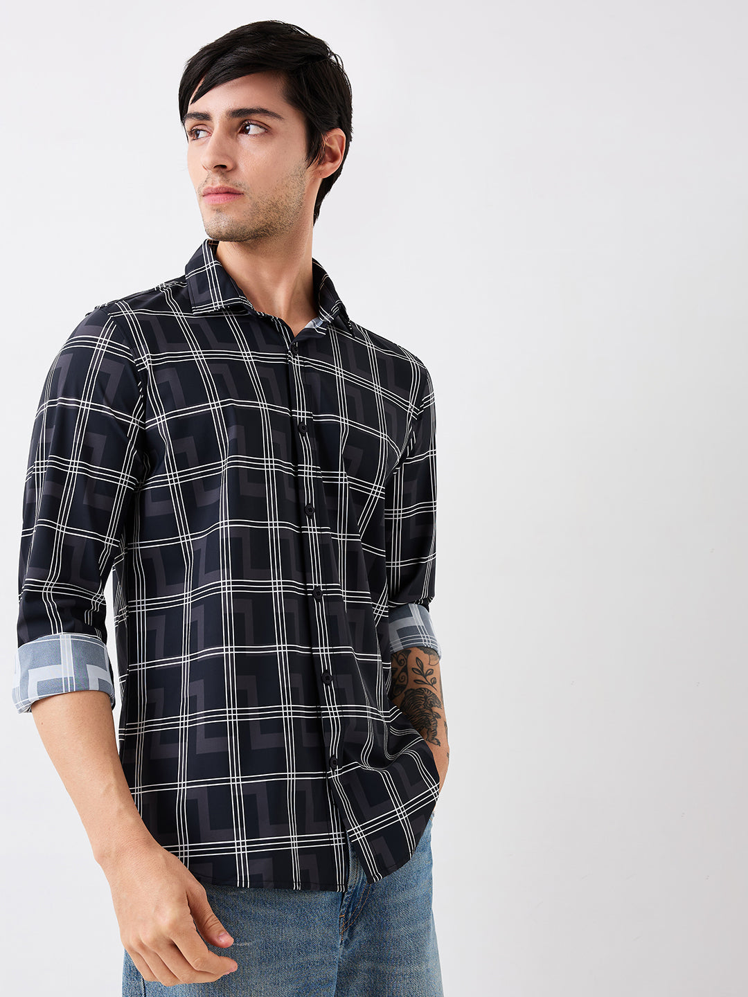 Men Shirt Check Black Slim Fit
