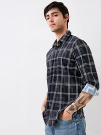 Men Shirt Check Black Slim Fit