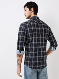 Men Shirt Check Black Slim Fit