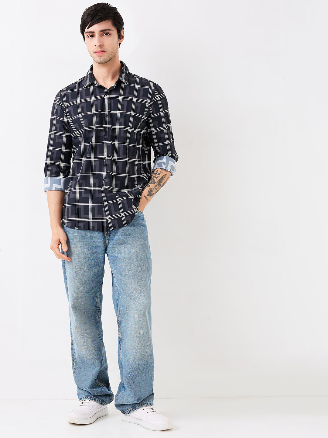 Men Shirt Check Black Slim Fit