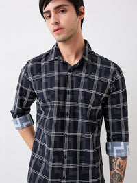 Men Shirt Check Black Slim Fit