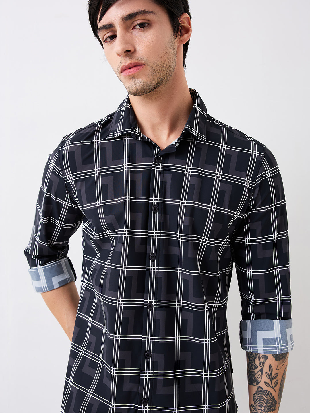 Men Shirt Check Black Slim Fit