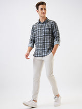 Men Shirt Check Grey Slim Fit
