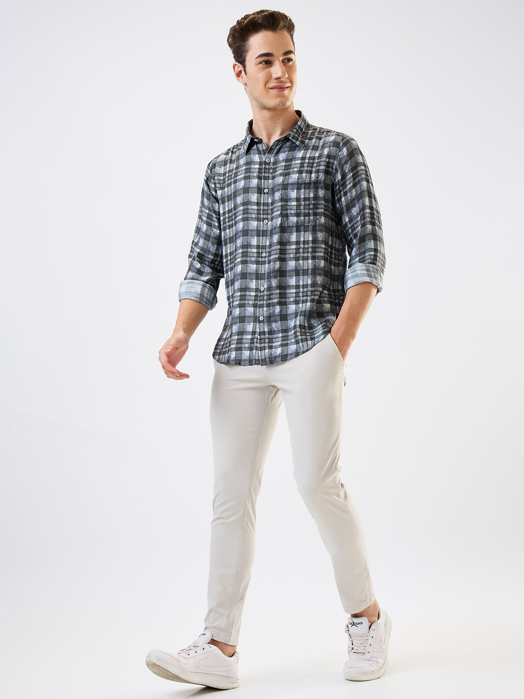 Men Shirt Check Grey Slim Fit