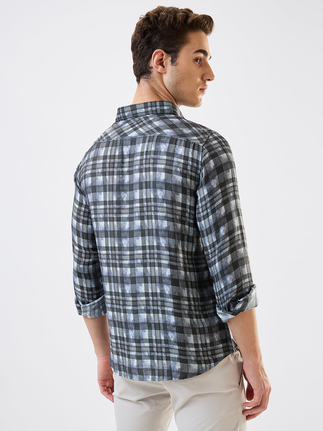 Men Shirt Check Grey Slim Fit