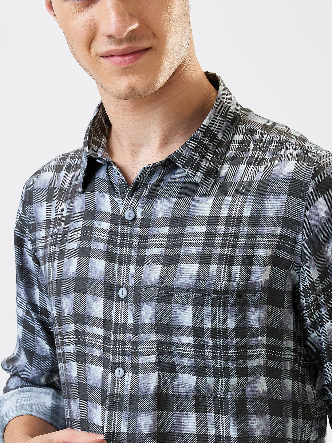 Men Shirt Check Grey Slim Fit