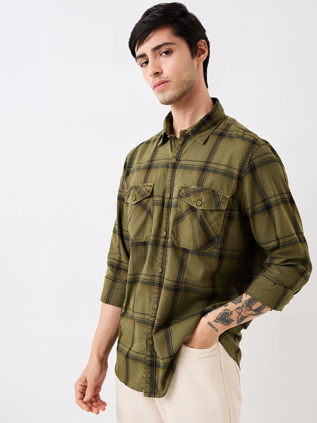Spykar Green Slim Fit Checkered Full Sleeve Shirt For Men