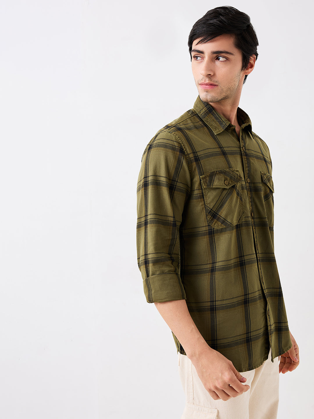 Spykar Green Slim Fit Checkered Full Sleeve Shirt For Men