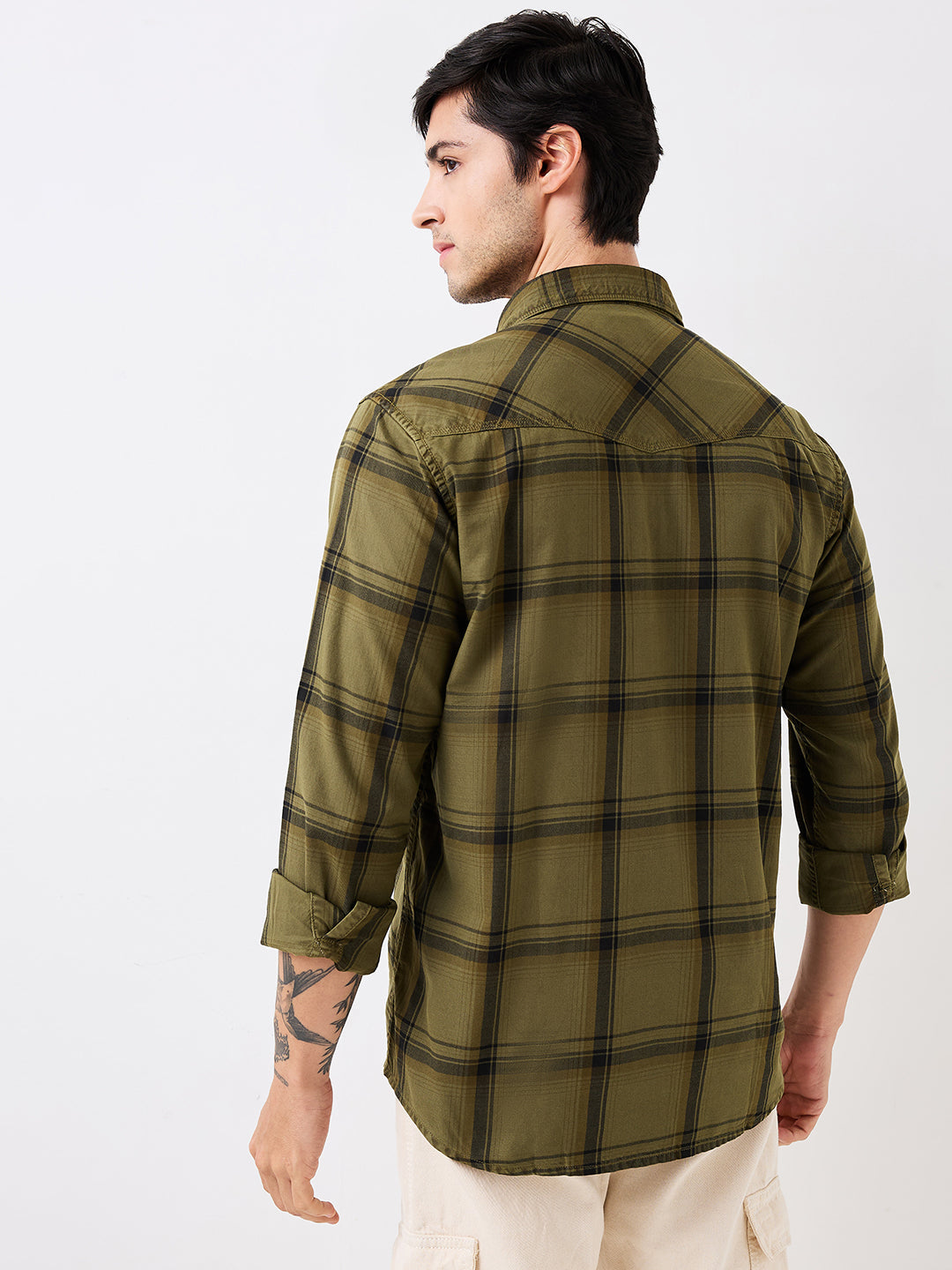 Spykar Green Slim Fit Checkered Full Sleeve Shirt For Men