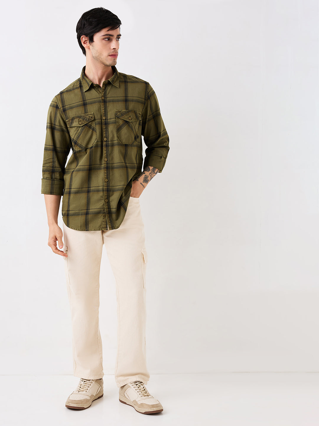 Spykar Green Slim Fit Checkered Full Sleeve Shirt For Men