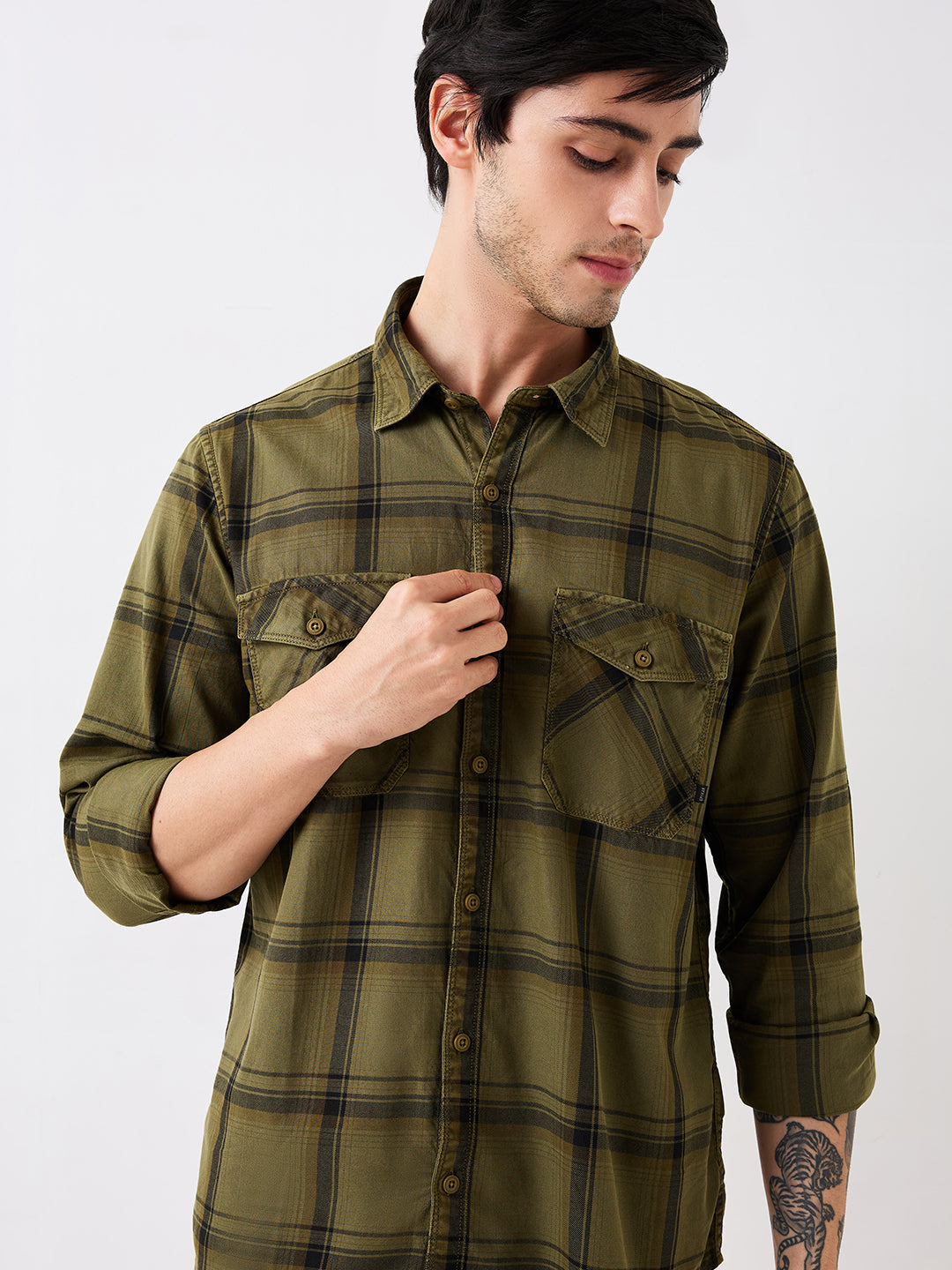 Spykar Green Slim Fit Checkered Full Sleeve Shirt For Men