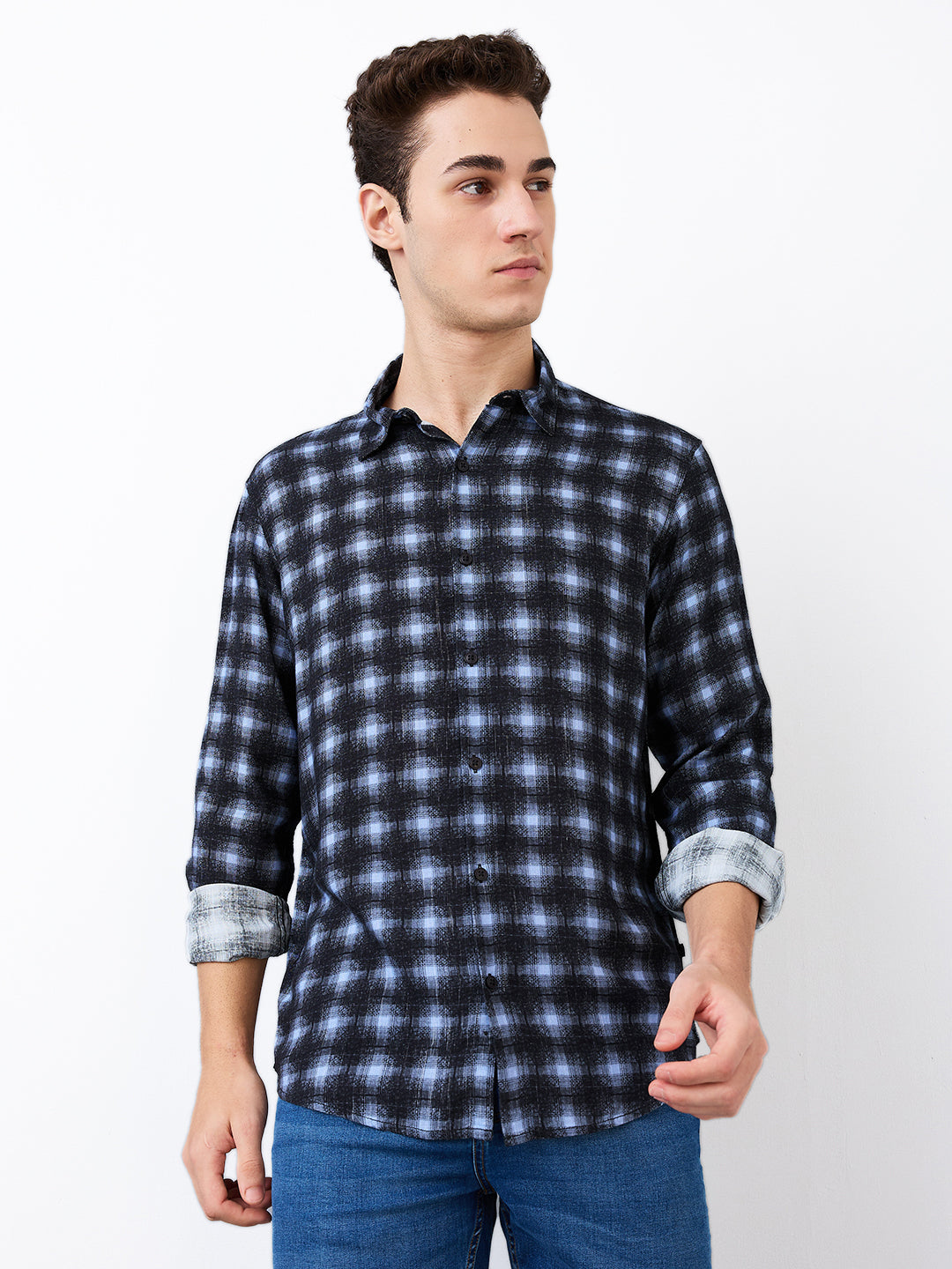 Spykar Blue Slim Fit Checkered Full Sleeve Shirt For Men