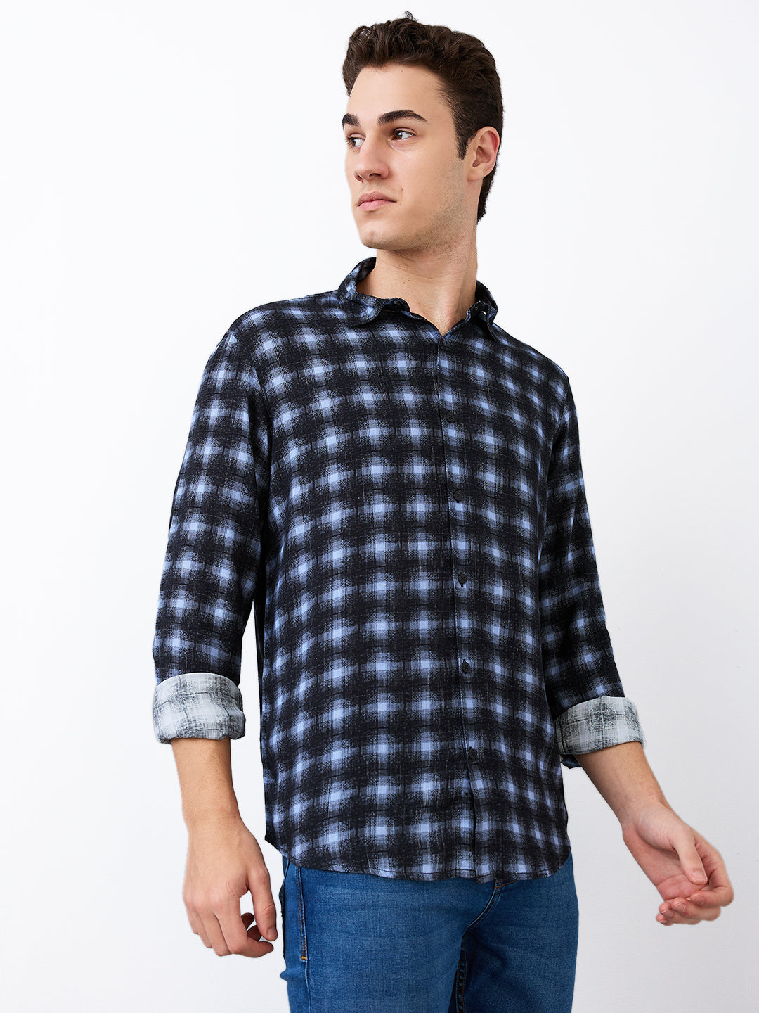 Spykar Blue Slim Fit Checkered Full Sleeve Shirt For Men