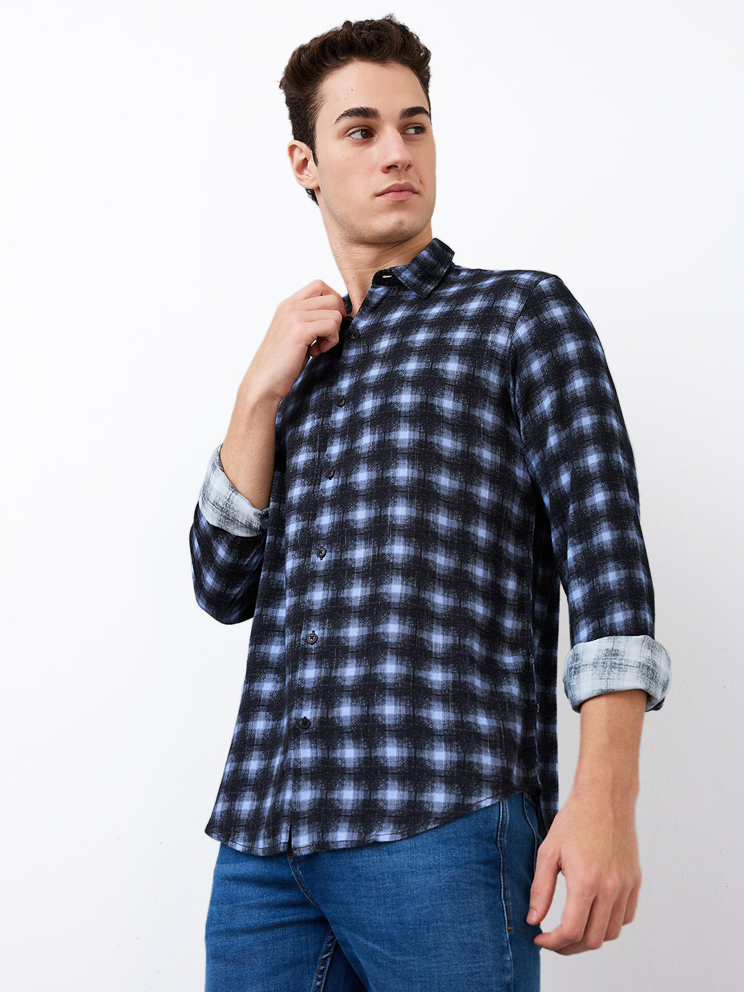 Spykar Blue Slim Fit Checkered Full Sleeve Shirt For Men