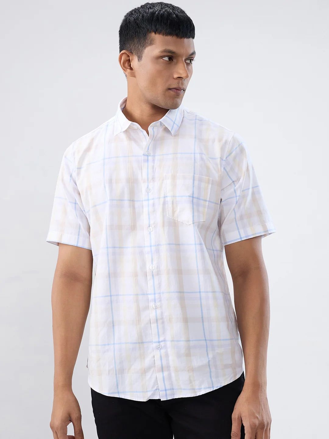 Men Beige Check Regular Fit Shirts