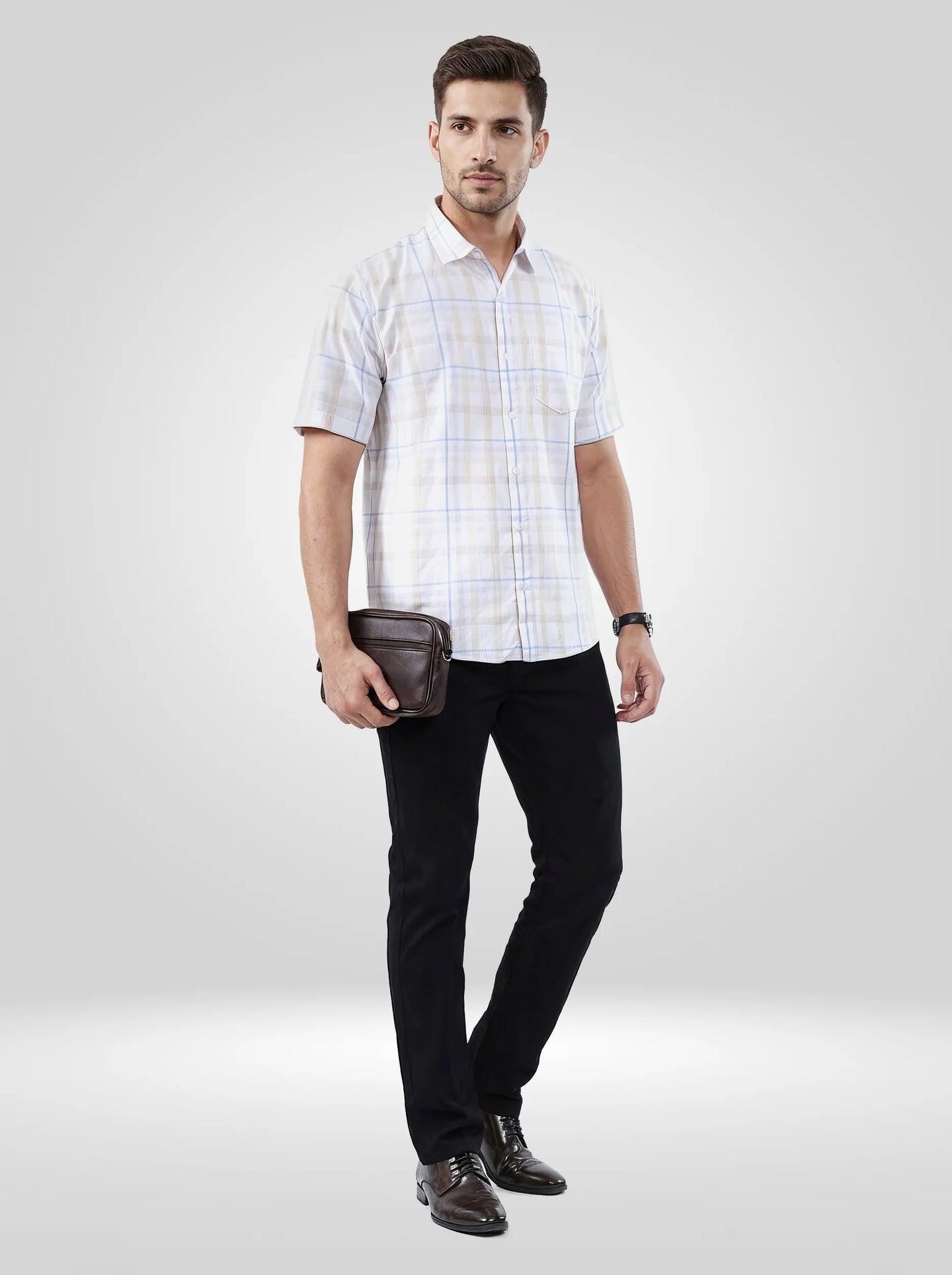 Men Shirt Check Beige Regular Fit