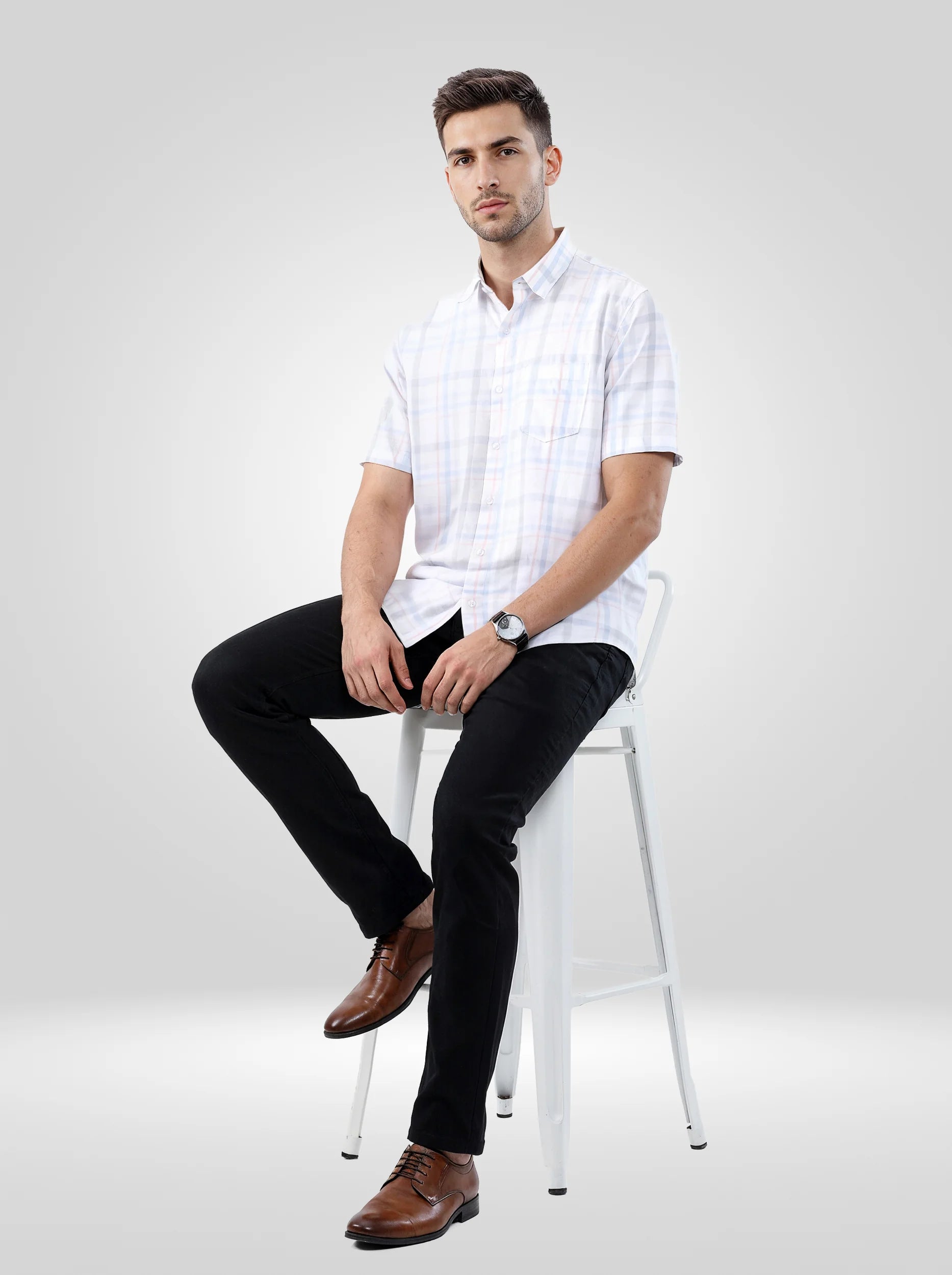 Men Shirt Check Grey Regular Fit