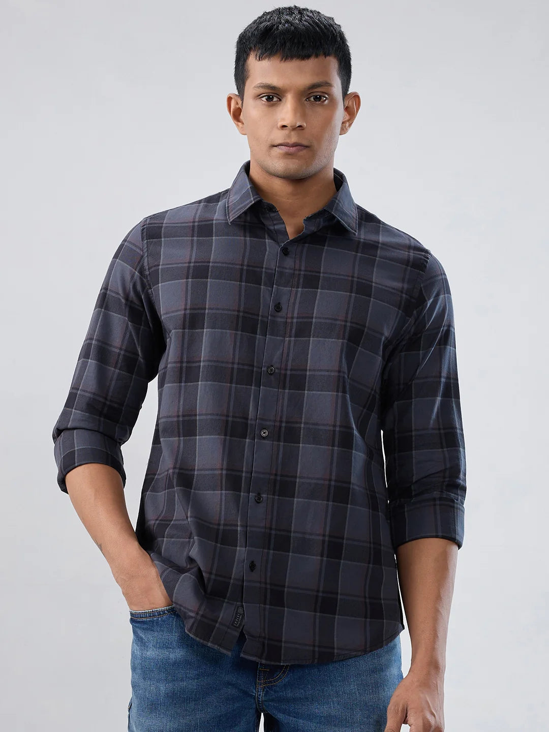 Men Shirt Check Grey Regular Fit