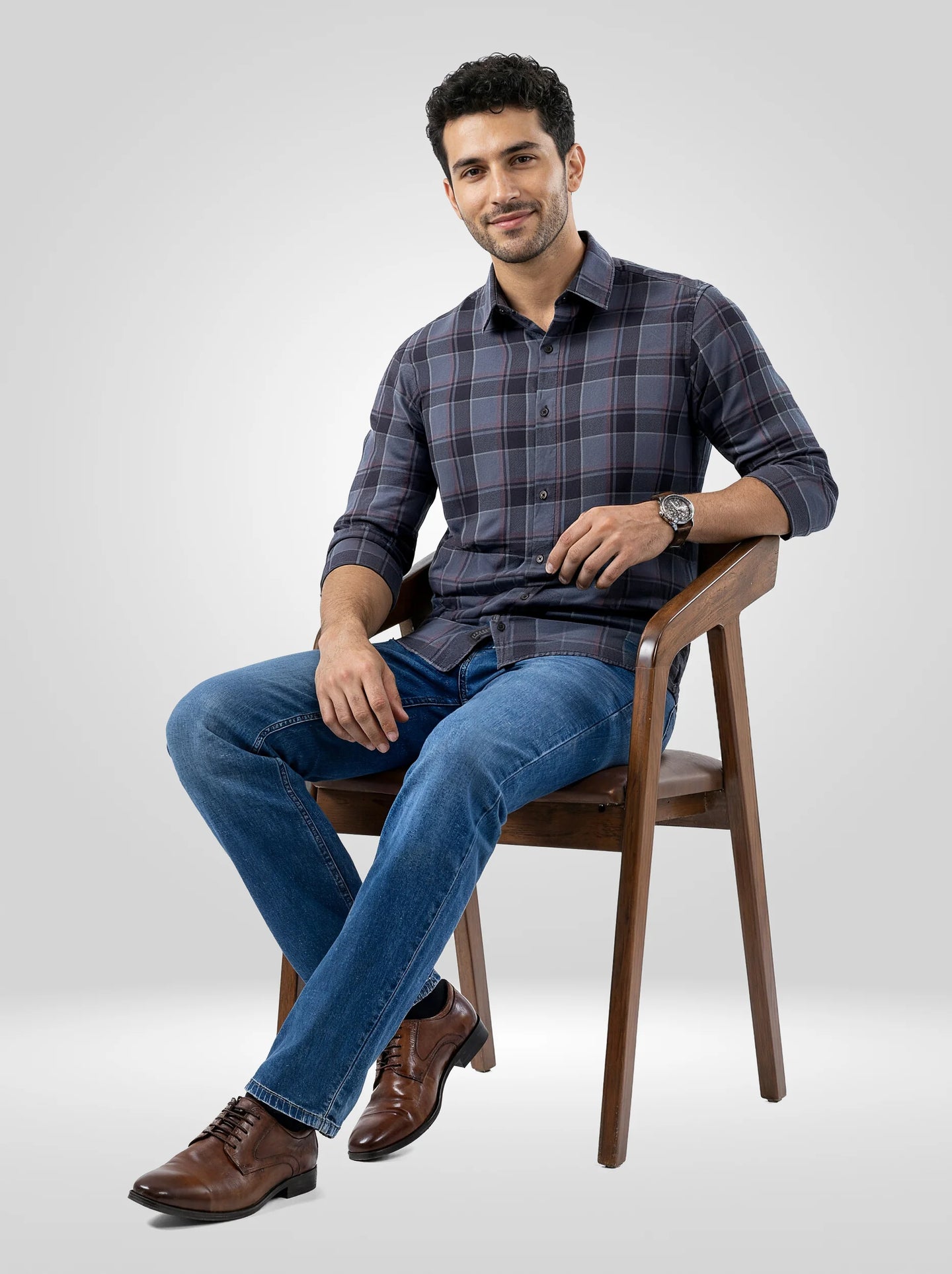Men Shirt Check Grey Regular Fit