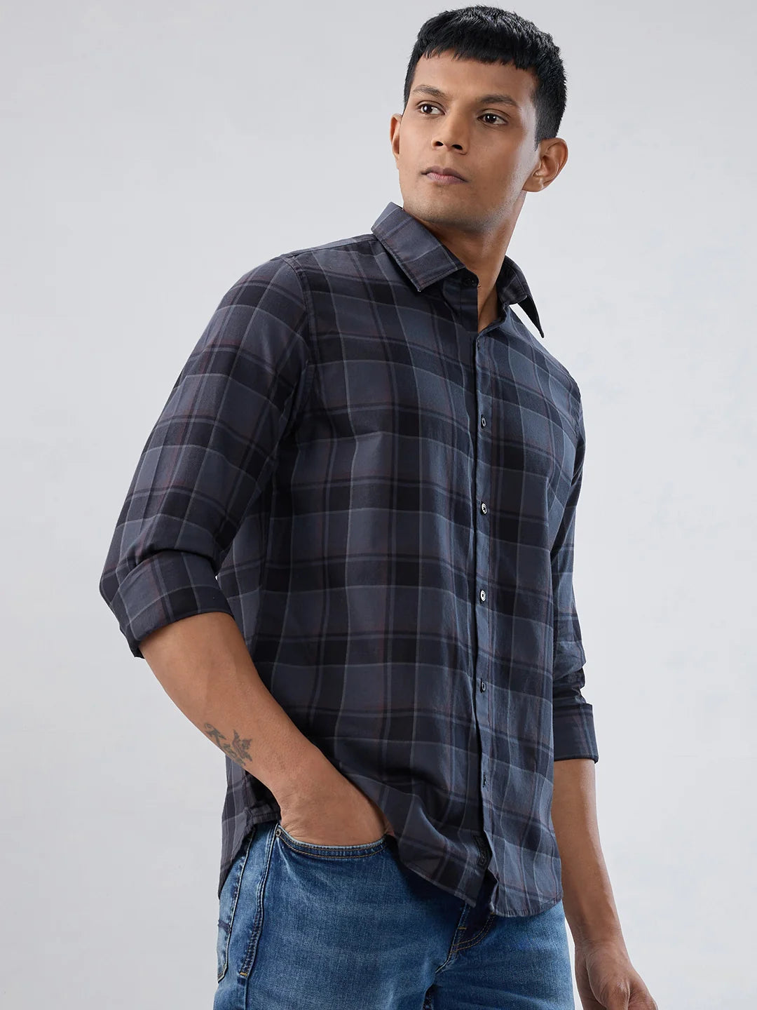 Men Shirt Check Grey Regular Fit