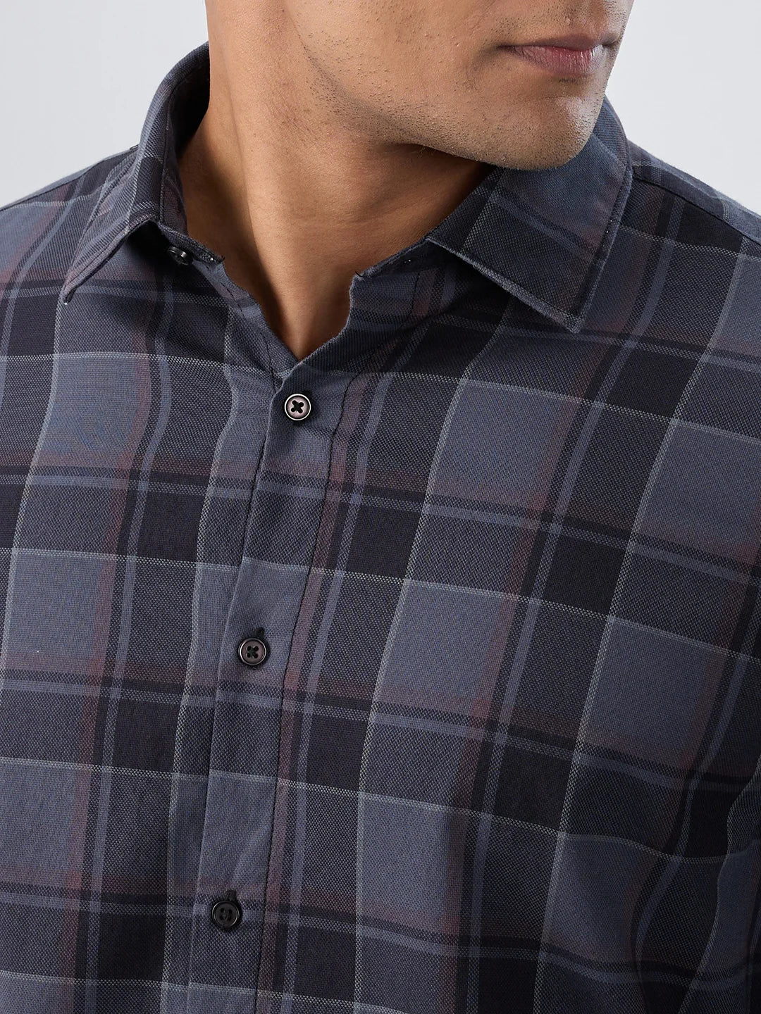 Men Shirt Check Grey Regular Fit