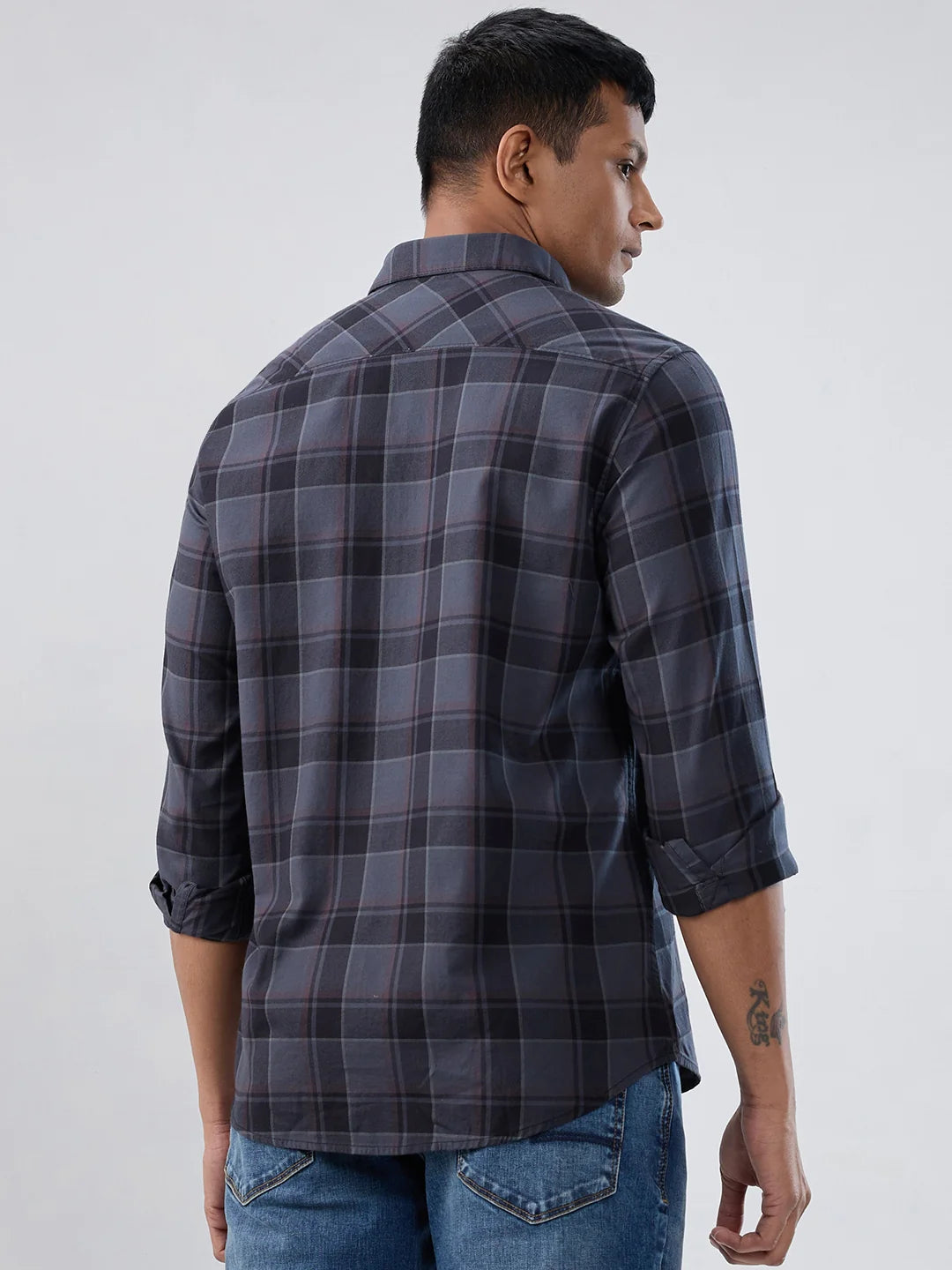 Men Shirt Check Grey Regular Fit