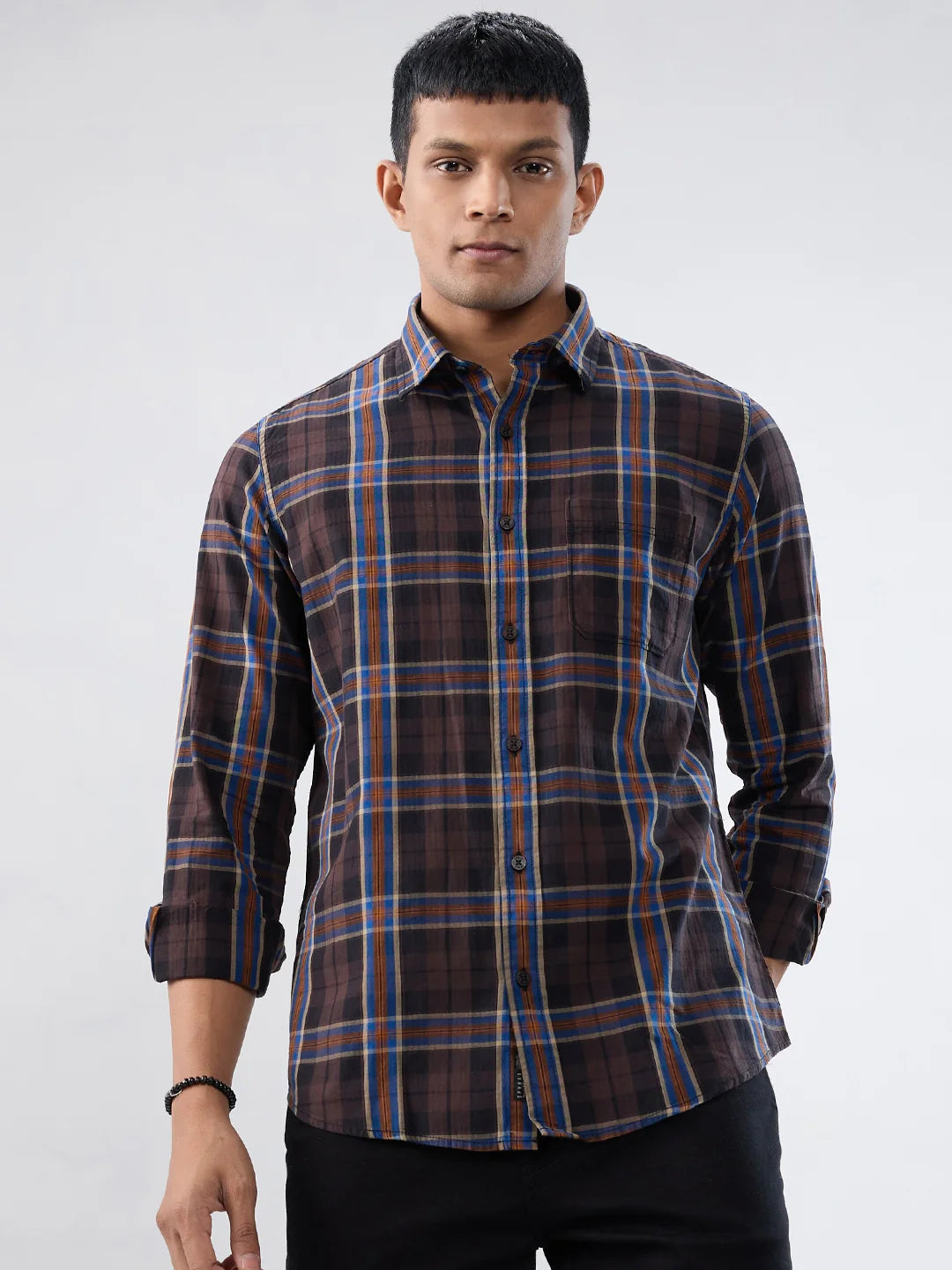 Men Shirt Check Brown Regular Fit