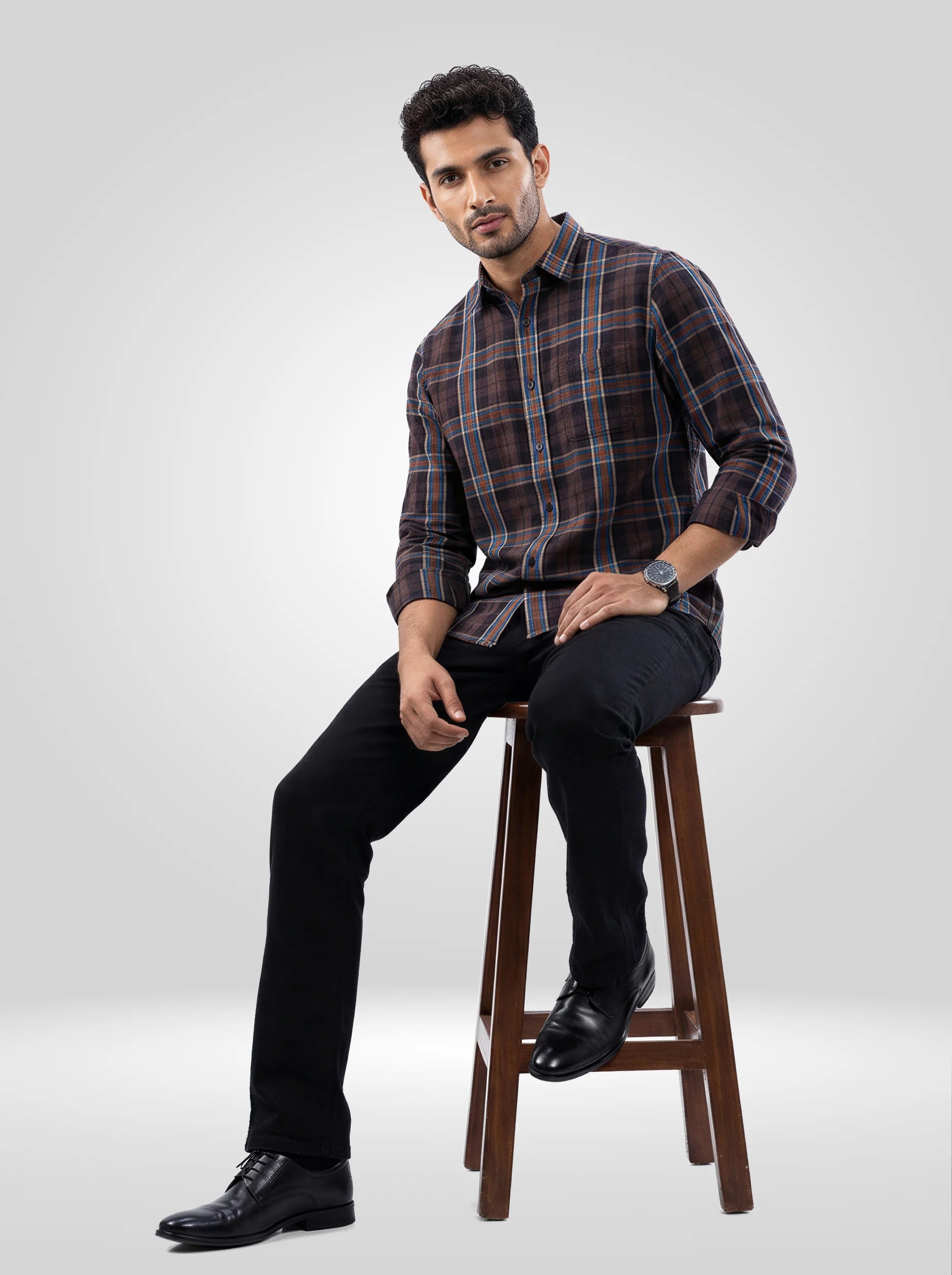 Men Shirt Check Brown Regular Fit