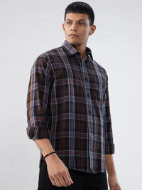 Men Shirt Check Brown Regular Fit