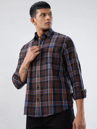 Men Shirt Check Brown Regular Fit